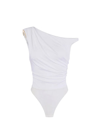 Elisabetta Franchi body monospalla in jersey drappeggiato bianco