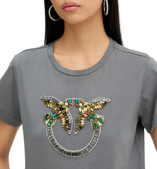 Pinko T-shirt Quentin con logo Love Birds gioiello grigio