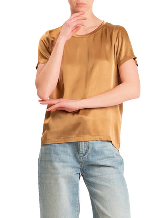 Vicolo T-shirt donna in raso manica corta marrone caramello