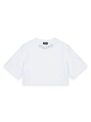 Disclaimer T-shirt crop bambina con logo glitter bianco