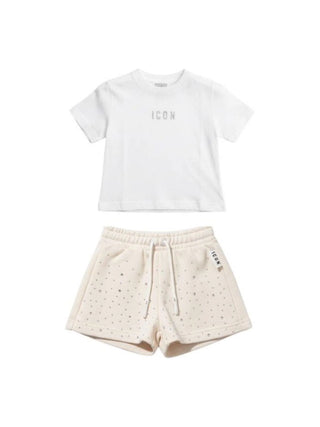 Icon completo bambina T-shirt e shorts con strass bianco beige