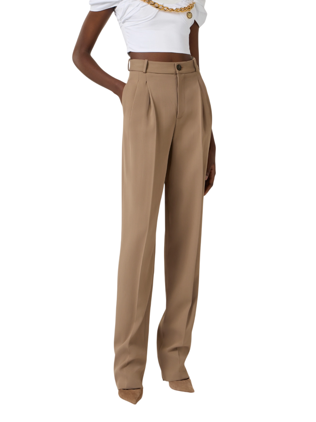Elisabetta Franchi pantaloni in gabardina con pinces cammello