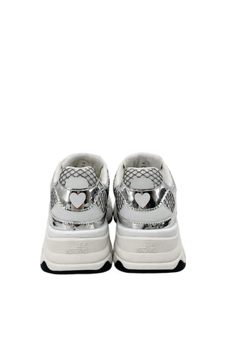 Love Moschino sneakers in mesh ed ecopelle laminata bianco argento