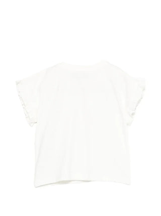 Moschino T-shirt manica corta con rouches stampa orsetto panna