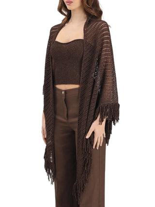 Simona Corsellini scialle in maglia traforata lurex con frange marrone