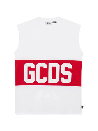 GCDS T-shirt smanicata bambino con banda logo bianco rosso
