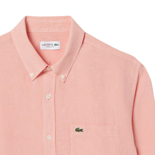 Lacoste camicia in lino uomo con tasca rosa salmone