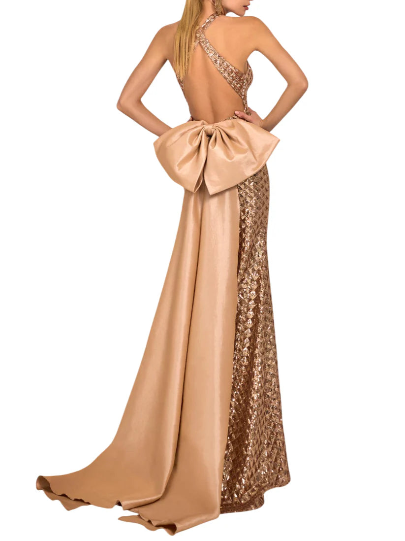 Marfil abito cerimonia all'americana con paillettes oro