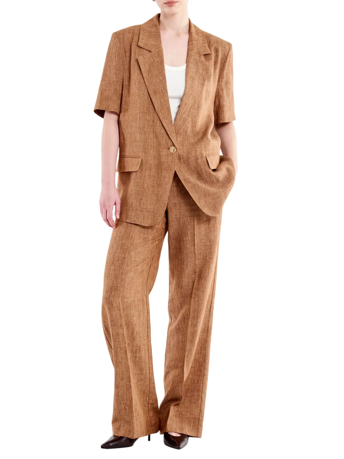 Vicolo giacca blazer manica corta misto lino fiammato marrone