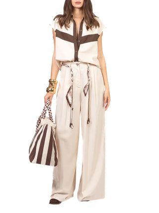 Vicolo pantaloni palazzo donna misto lino con foulard ecrù
