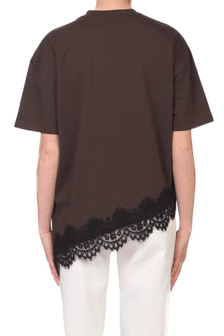 Vicolo T-shirt manica corta asimmetrica con pizzo marrone