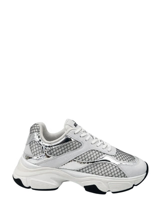 Love Moschino sneakers in mesh ed ecopelle laminata bianco argento
