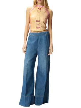 Pinko jeans misto lino Spiaggia wide leg lavaggio blu