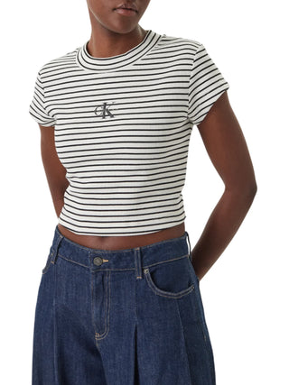 Calvin Klein Jeans T-shirt crop donna a righe panna nero