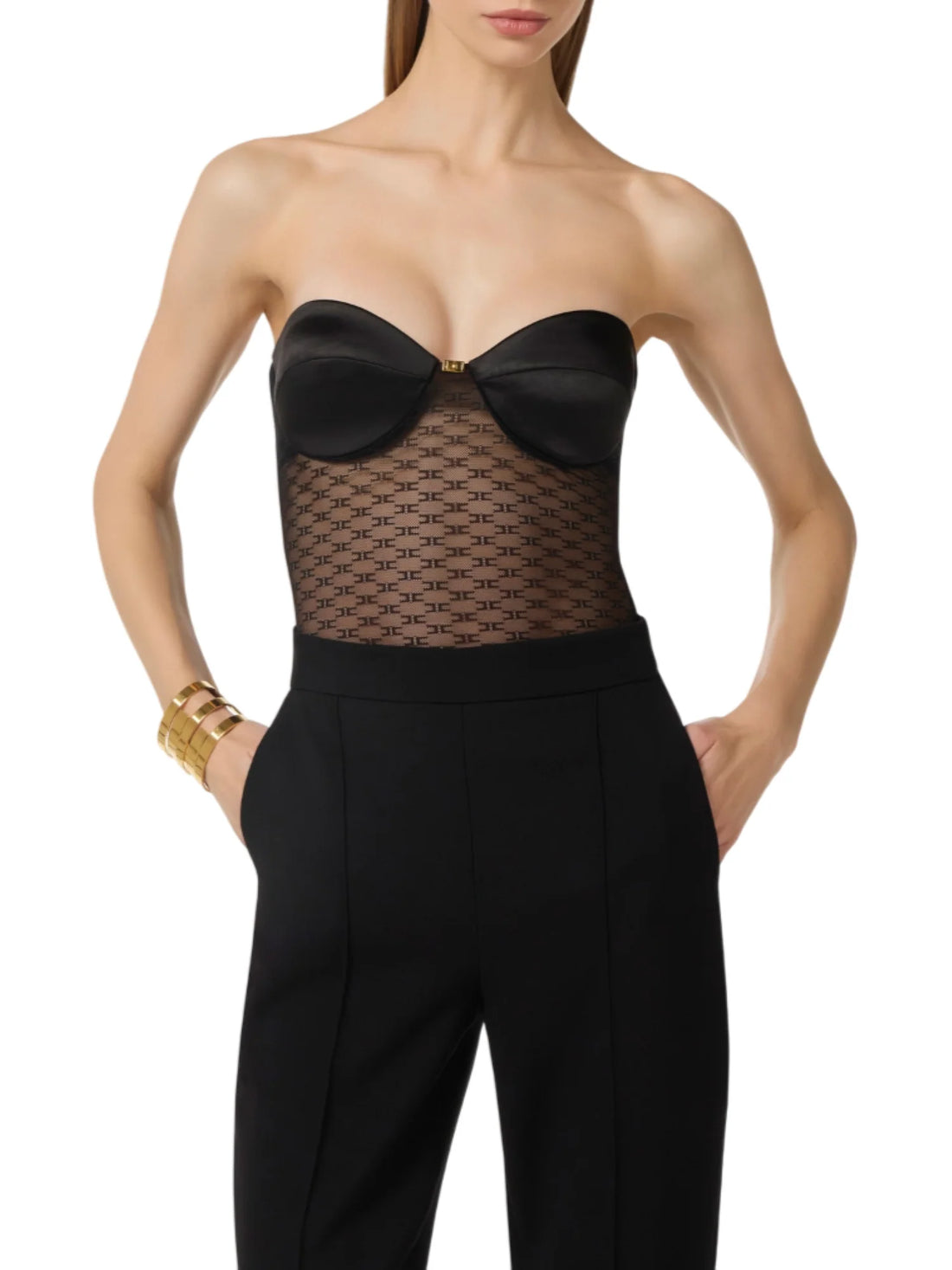 Elisabetta Franchi body in tulle con logo iconico nero