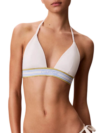 Calvin Klein top bikini triangolo con fascia logata panna