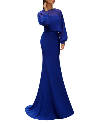 1j17-lungo due pezzi. realizzato in crêpe elasticizzato. scollo senza spalline e dettagli con perline. include mantella