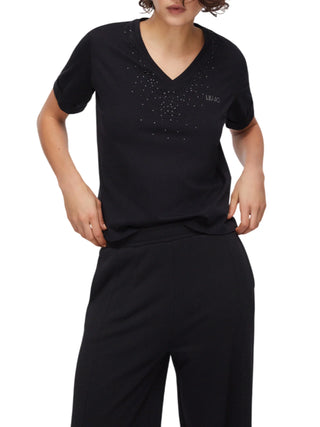 Liu Jo T-shirt scollo a V con strass nero