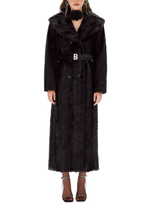Blugirl cappotto doppiopetto lungo in eco pelliccia con cintura nero