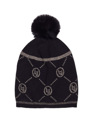 Liu Jo cappello in maglia con motivo monogram in lurex e pompon nero