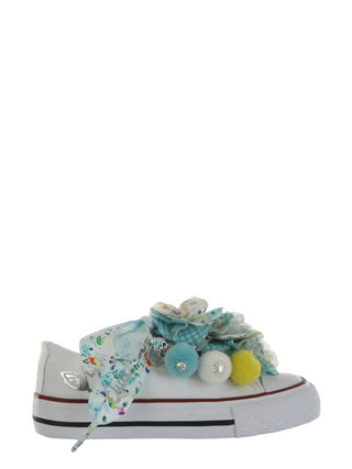 QUICKAS Sneakers Vichy in tela con pompon Bianco/Verdeacqua