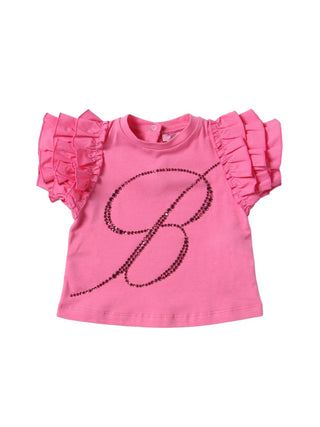 Miss Blumarine T-shirt manica corta con rouches e logo strass rosa
