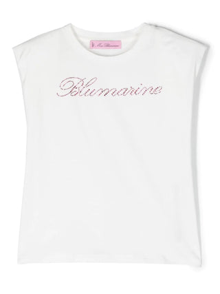 Miss Blumarine T-shirt smanicata con logo strass panna rosa