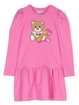 Moschino abito in felpa con maniche a palloncino e stampa orsetto rosa