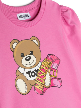 Moschino abito in felpa con maniche a palloncino e stampa orsetto rosa