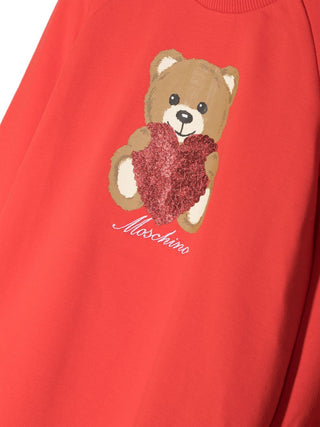 Moschino abito in felpa da neonata con rouches e stampa Teddy rosso