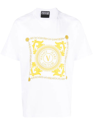 Versace Jeans Couture T-shirt a maniche corte in jersey con stampa logo Chain bianco oro