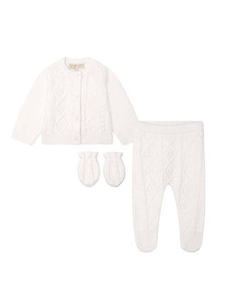 Michael Kors completo neonata cardigan pantaloni guanti in maglia panna