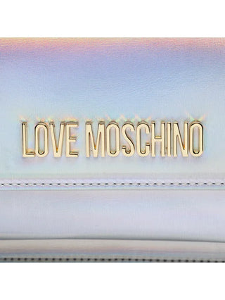 Moschino Love borsa a tracolla in similpelle laminata effetto cangiante argento