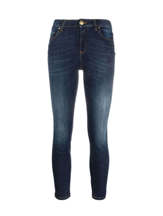 Pinko jeans skinny Sabrina con logo strass lavaggio blu scuro