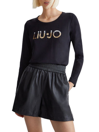 Liu Jo T-shirt a maniche lunghe in jersey con logo paillettes nero