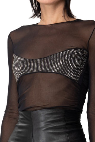 Aniye By T-shirt Nancy a manica lunga in tulle con strass nero