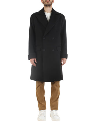 Bicolore cappotto lungo doppiopetto con trama spigata nero