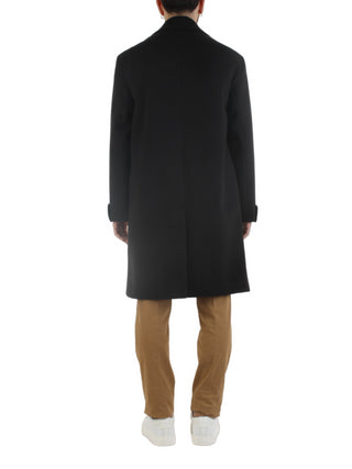 Bicolore cappotto lungo doppiopetto con trama spigata nero