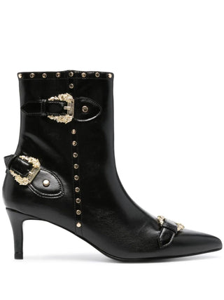 Versace Jeans Couture stivali tronchetti in ecopelle con borchie e fibbia barocca nero oro