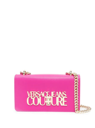 Versace Jeans Couture borsa in ecopelle saffiano con logo lettering fucsia oro