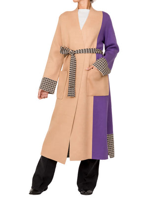Vicolo cappotto lungo in maglia color block con cintura beige viola nero