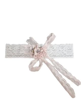 Mimilù fascia per capelli neonata con merletto e fiori bianco rosa